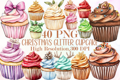 Christmas Glitter Cupcake PNG Bundle Holiday Cupcake Clipart