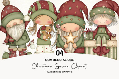 Christmas Gnome Clipart PNG Bundle | Cute Watercolor Holiday Gnome Clipart