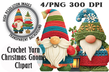 Crochet Yarn Christmas Gnome Clipart PNG Bundle | Cozy Watercolor Knitting Gnome Clipart