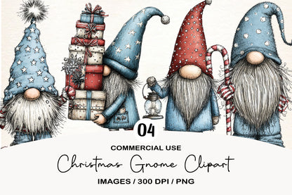 Christmas Gnome Clipart PNG Bundle | Cute Watercolor Holiday Gnome Clipart | Festive Scandinavian Gnomes