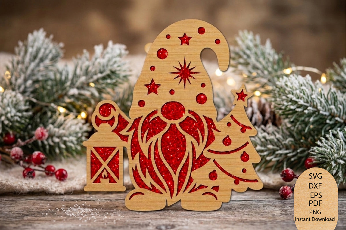 Christmas Gnome Laser Cut SVG, Santa Gnome Christmas Tree Ornament Cut File