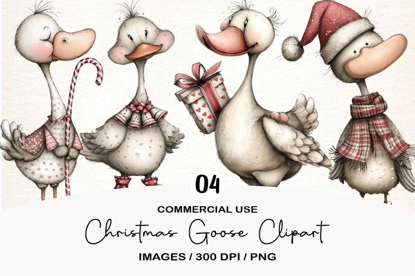 Christmas Goose Clipart PNG Bundle | Cute Watercolor Holiday Goose Clipart | Festive Christmas Goose PNG
