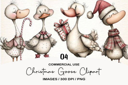 Christmas Goose Clipart PNG Bundle | Cute Watercolor Holiday Goose Clipart | Festive Christmas Goose PNG