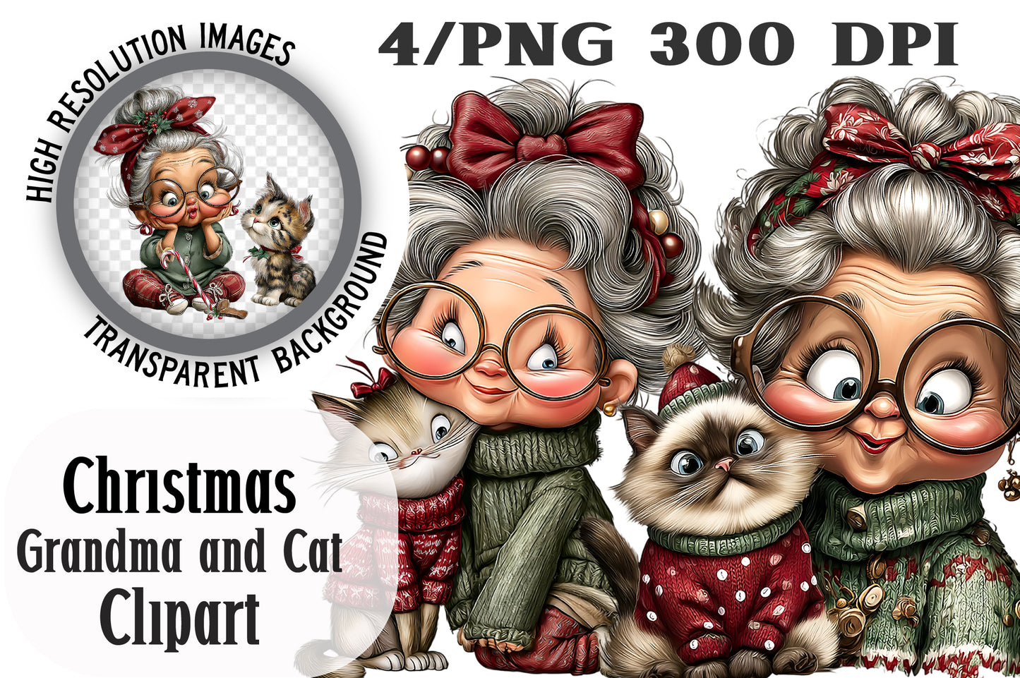 Christmas Grandma and Cat Clipart PNG Holiday Granny