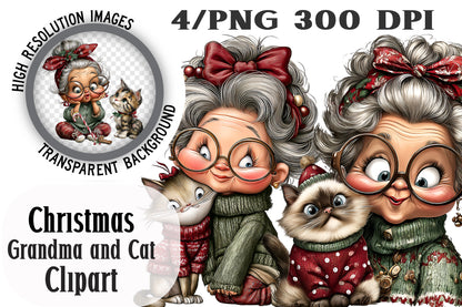 Christmas Grandma and Cat Clipart PNG Holiday Granny