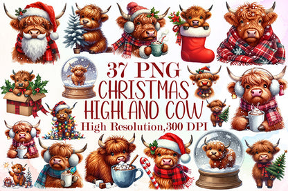 Christmas Highland Cow Clipart PNG Bundle