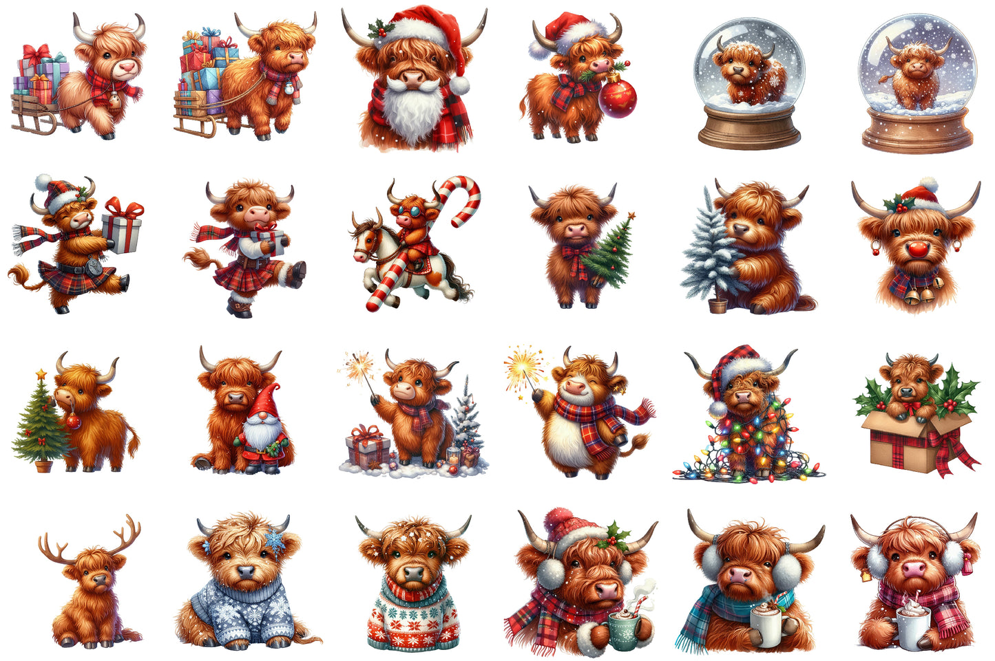 Christmas Highland Cow Clipart PNG Bundle
