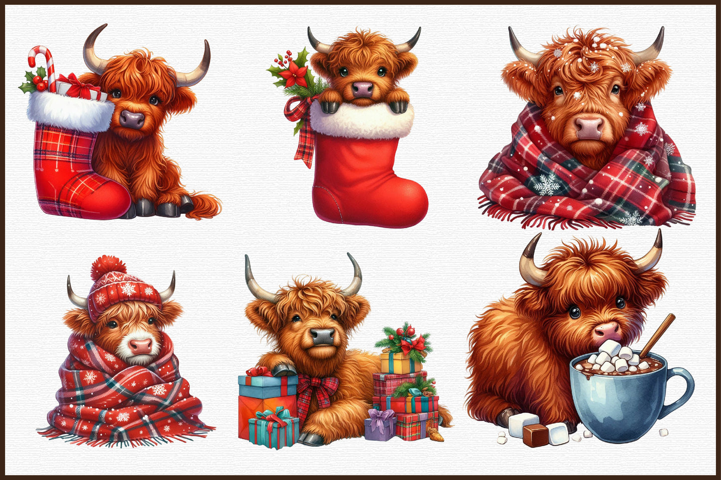 Christmas Highland Cow Clipart PNG Bundle