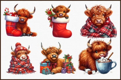 Christmas Highland Cow Clipart PNG Bundle