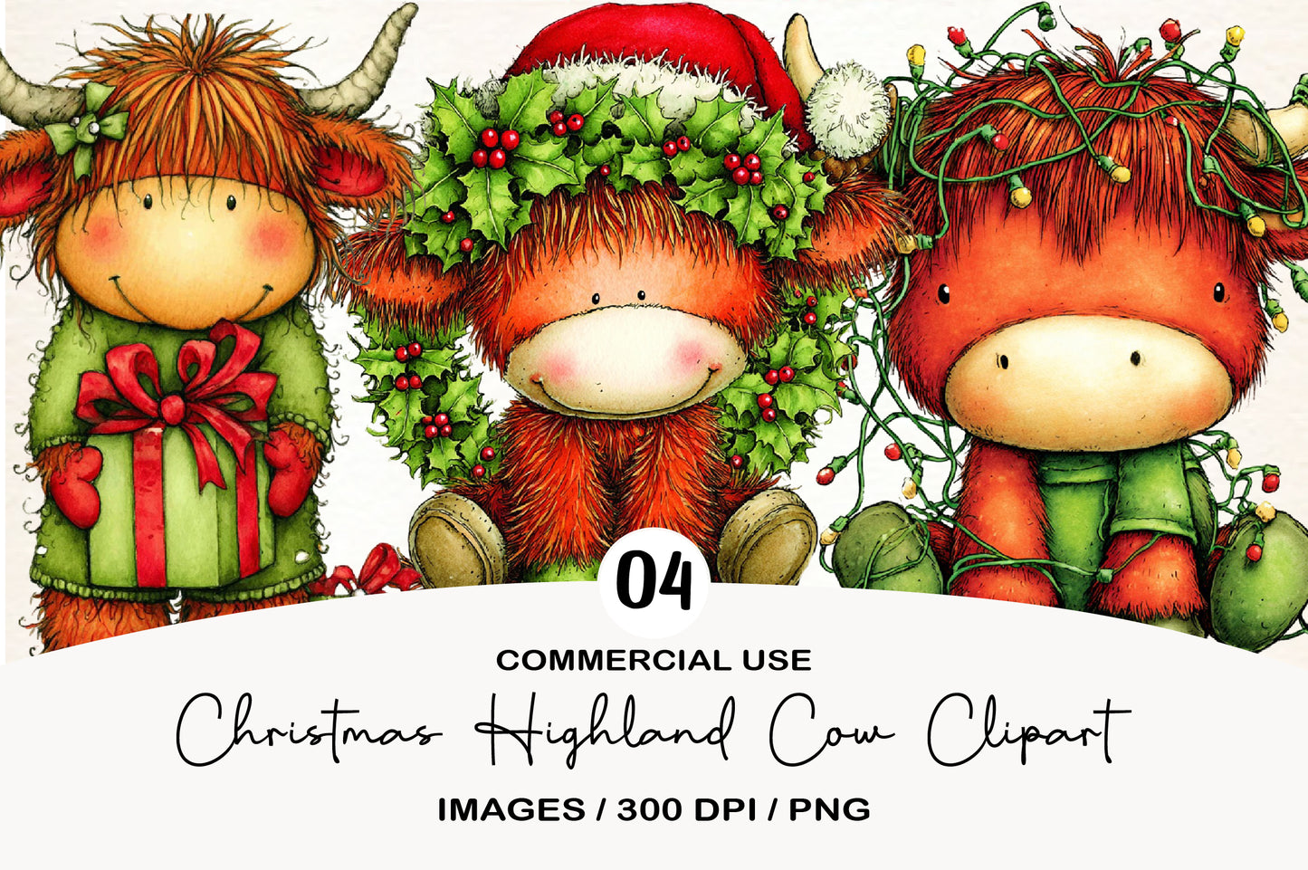 Christmas Highland Cow Clipart PNG Bundle | Cute Watercolor Holiday Highland Cow | Festive Cow Clipart