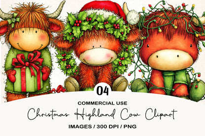 Christmas Highland Cow Clipart PNG Bundle | Cute Watercolor Holiday Highland Cow | Festive Cow Clipart