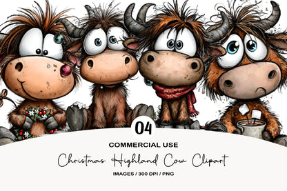 Christmas Highland Cow Clipart PNG Bundle | Cute Watercolor Holiday Highland Cow | Festive Farmhouse Cow PNG