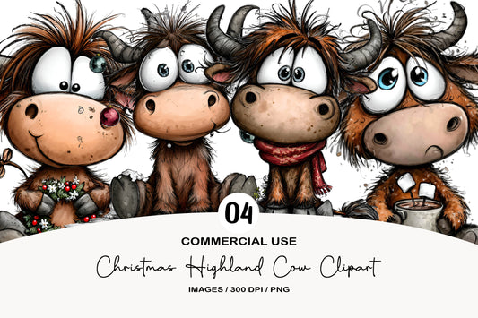 Christmas Highland Cow Clipart PNG Bundle | Cute Watercolor Holiday Highland Cow | Festive Farmhouse Cow PNG