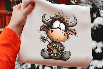 Christmas Highland Cow Clipart PNG Bundle | Cute Watercolor Holiday Highland Cow | Festive Farmhouse Cow PNG