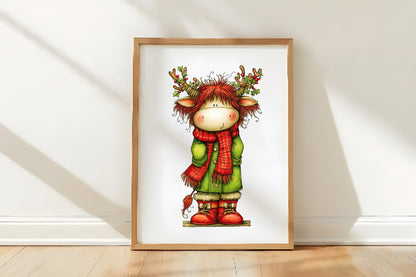 Christmas Highland Cow Clipart PNG Bundle | Cute Watercolor Holiday Highland Cow | Festive Cow Clipart