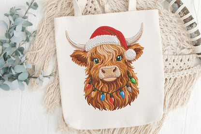 Christmas Highland Cow Embroidery Design – Cute Highland Cow Christmas Machine Embroidery Pattern, Festive Farmhouse Animal Embroidery Design