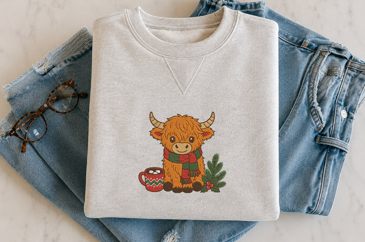 Christmas Highland Cow Embroidery Design