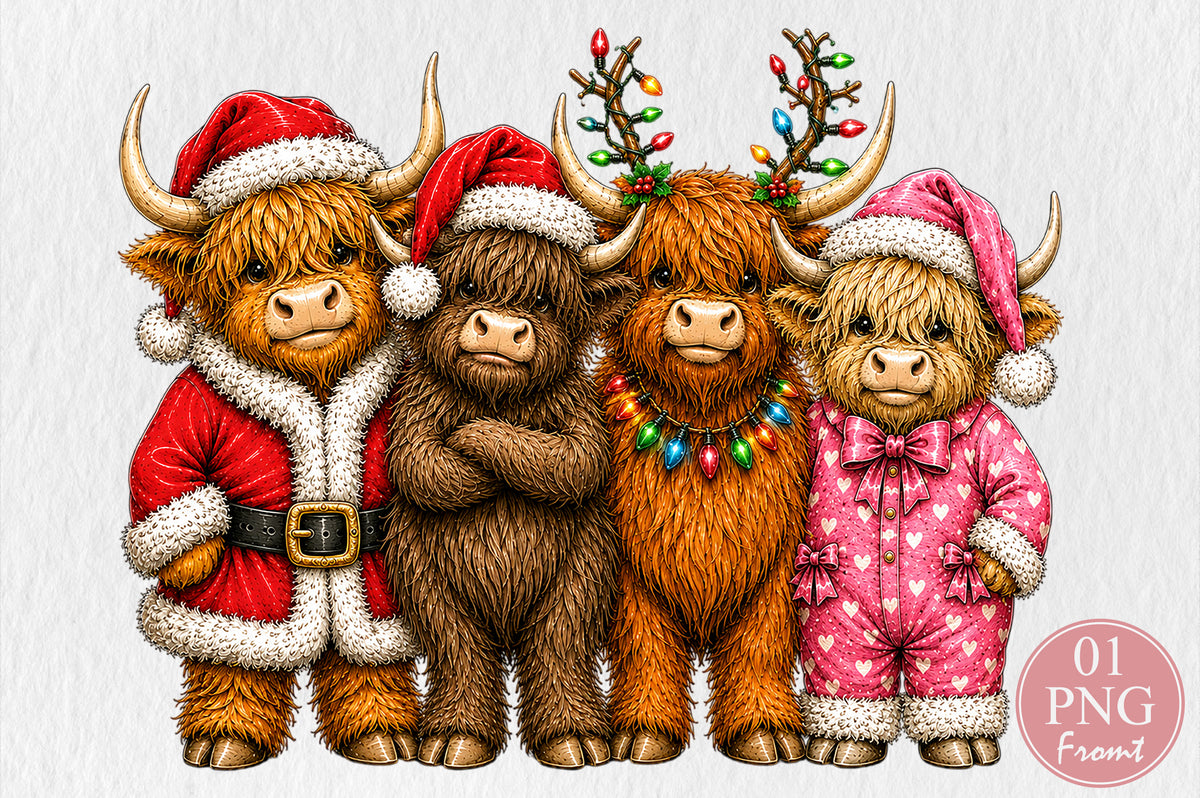Christmas Highland Cow Family PNG Clipart