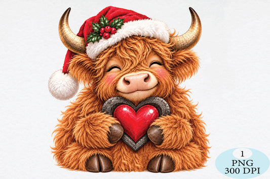 Christmas Highland Cow Heart PNG Sublimation