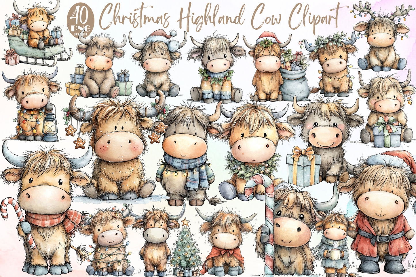 Christmas Highland Cow Watercolor Clipart PNG Bundle