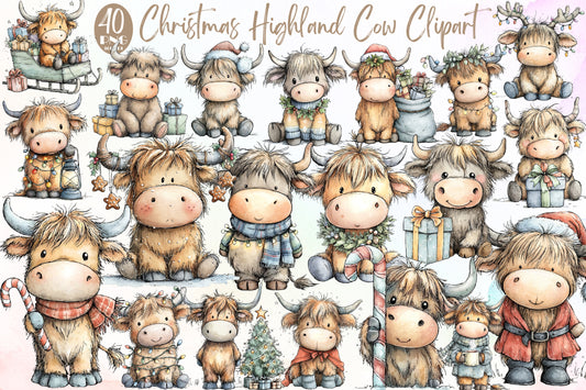 Christmas Highland Cow Watercolor Clipart PNG Bundle