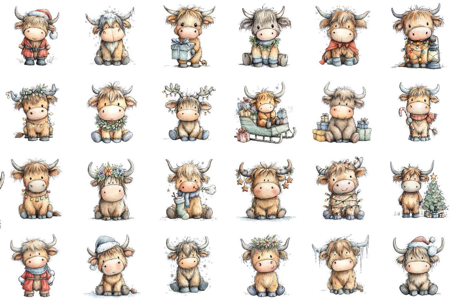 Christmas Highland Cow Watercolor Clipart PNG Bundle