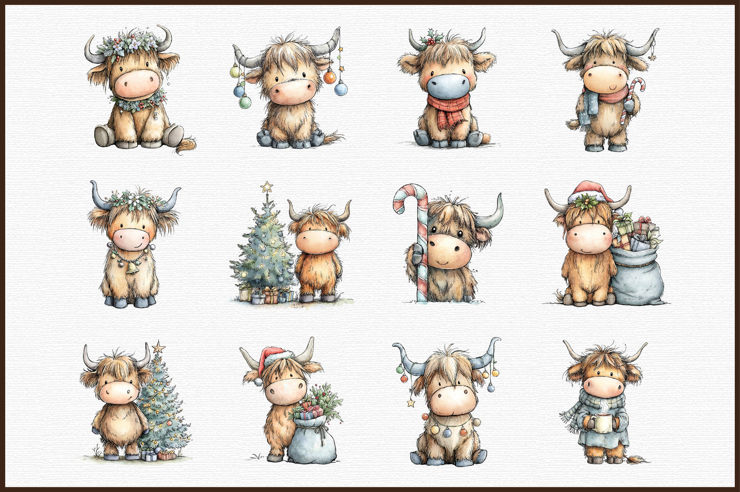 Christmas Highland Cow Watercolor Clipart PNG Bundle