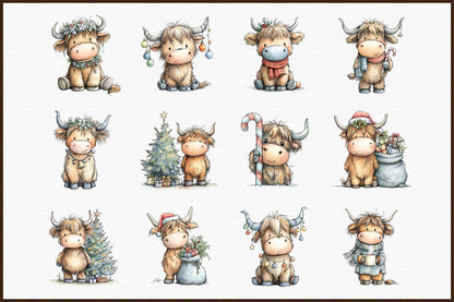 Christmas Highland Cow Watercolor Clipart PNG Bundle