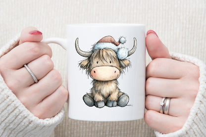 Christmas Highland Cow Watercolor Clipart PNG Bundle