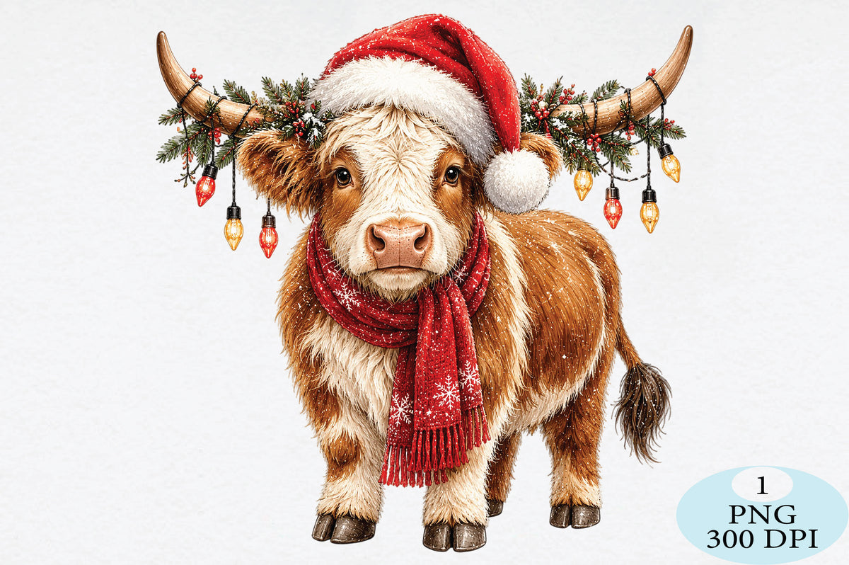 Christmas Highland Cow Santa Hat PNG Clipart