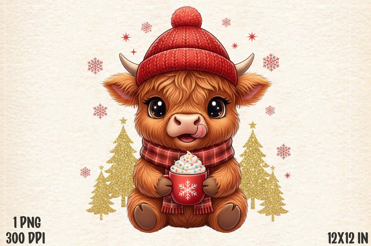 Christmas Highland Cow PNG Cute Cow Coffee Holiday Sublimation