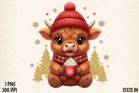 Christmas Highland Cow PNG Cute Cow Coffee Holiday Sublimation