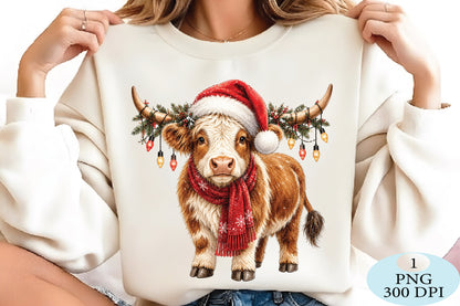 Christmas Highland Cow Santa Hat PNG Clipart