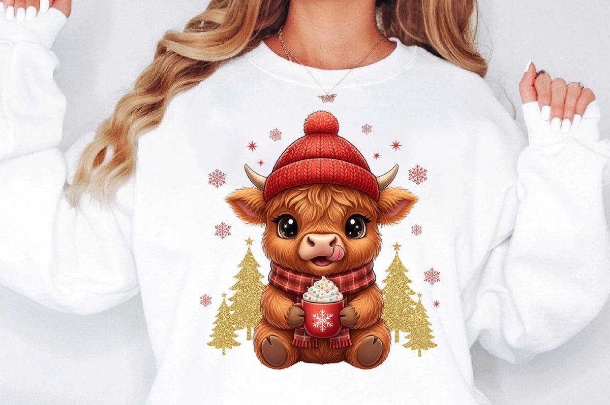 Christmas Highland Cow PNG Cute Cow Coffee Holiday Sublimation
