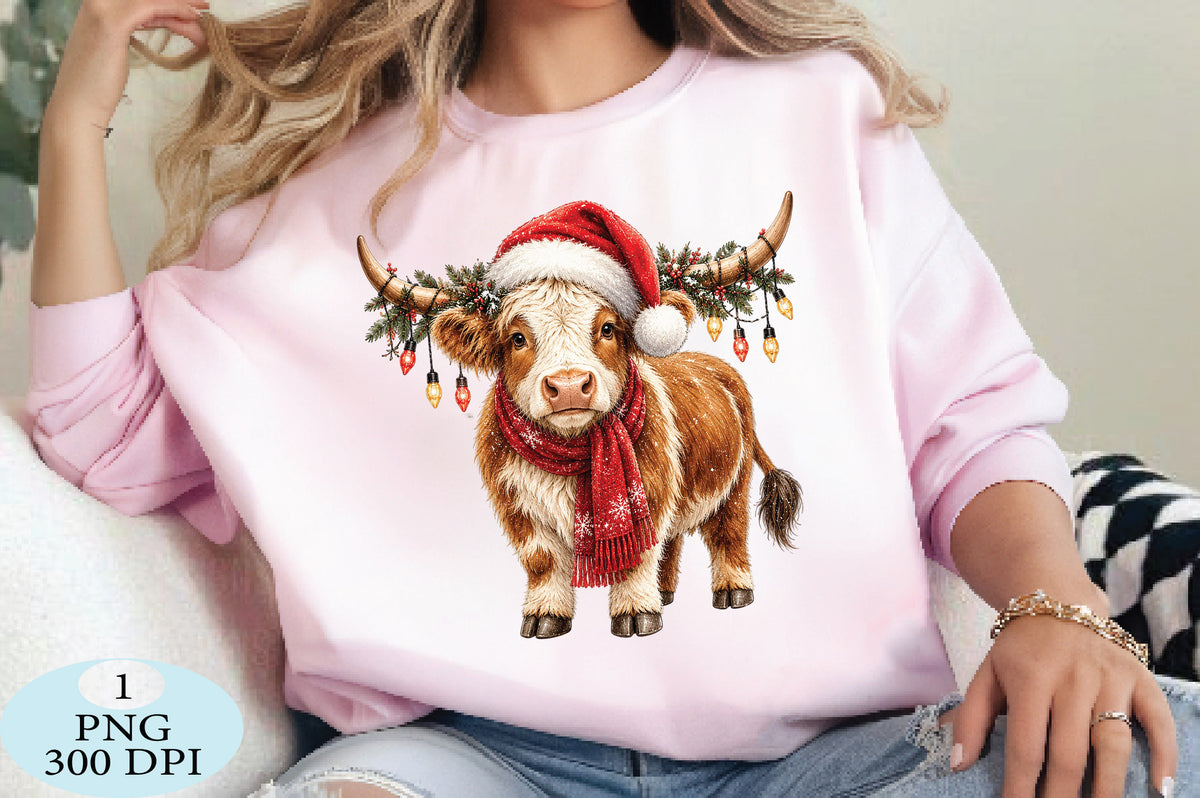 Christmas Highland Cow Santa Hat PNG Clipart