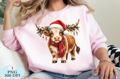 Christmas Highland Cow Santa Hat PNG Clipart