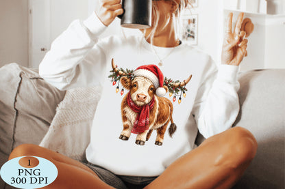 Christmas Highland Cow Santa Hat PNG Clipart