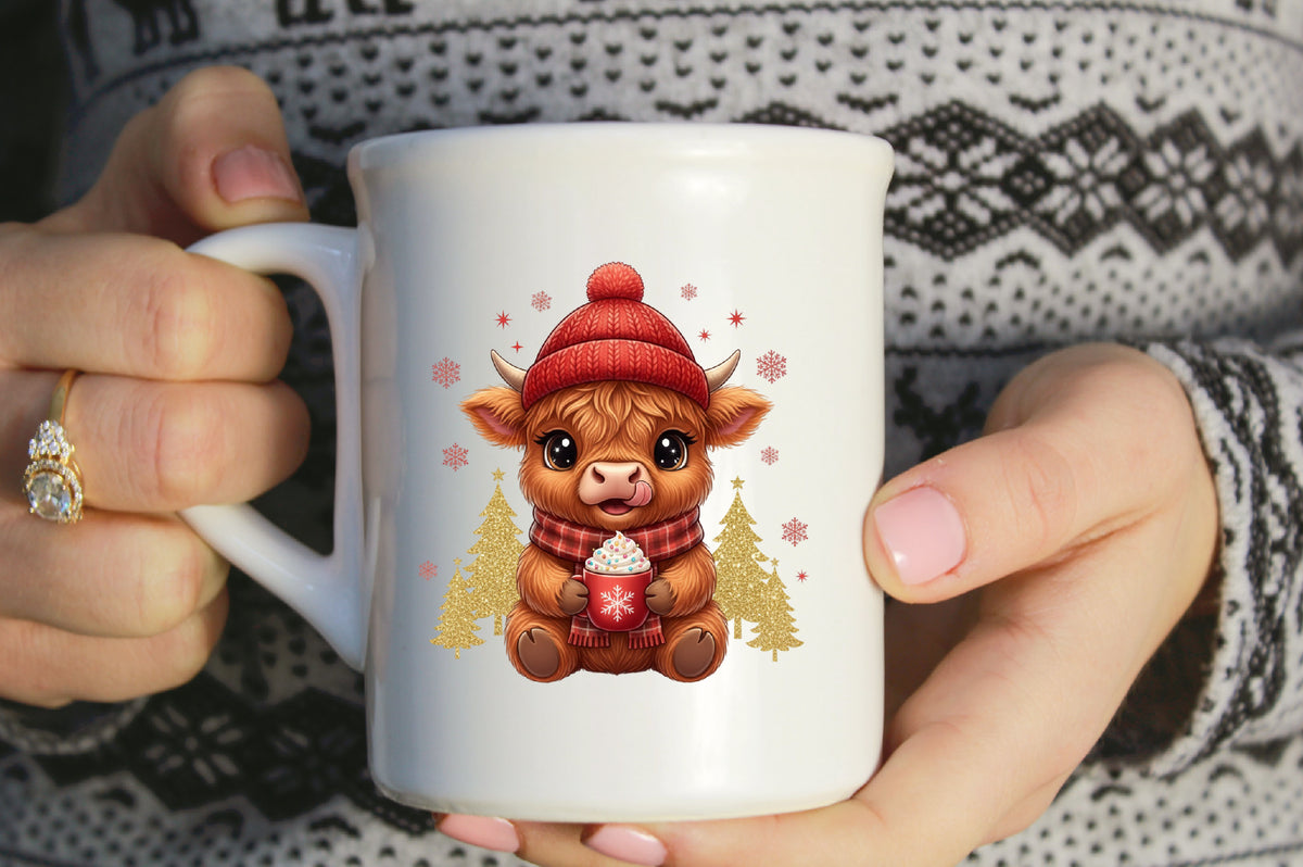 Christmas Highland Cow PNG Cute Cow Coffee Holiday Sublimation