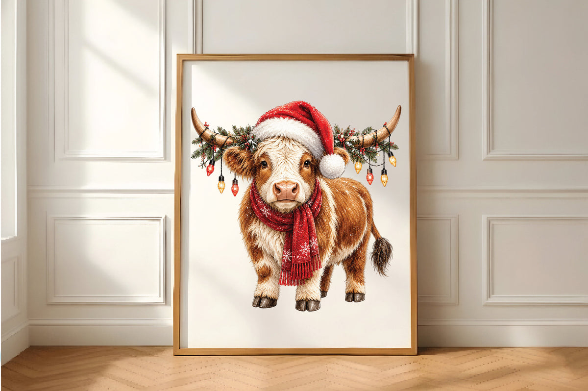 Christmas Highland Cow Santa Hat PNG Clipart