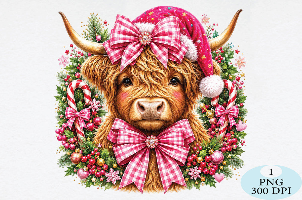 Christmas Highland Cow Pink Bow PNG Clipart