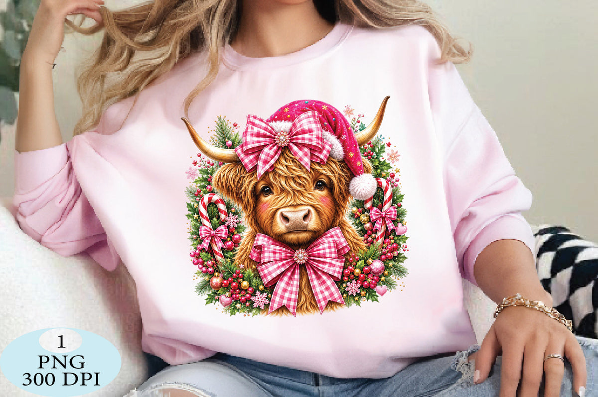 Christmas Highland Cow Pink Bow PNG Clipart
