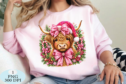 Christmas Highland Cow Pink Bow PNG Clipart