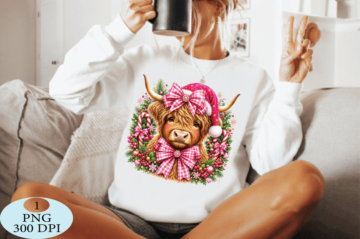 Christmas Highland Cow Pink Bow PNG Clipart