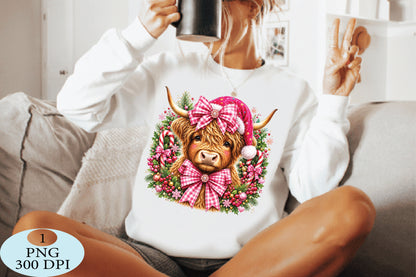 Christmas Highland Cow Pink Bow PNG Clipart