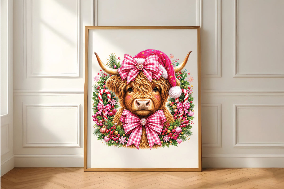 Christmas Highland Cow Pink Bow PNG Clipart