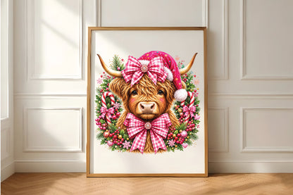 Christmas Highland Cow Pink Bow PNG Clipart