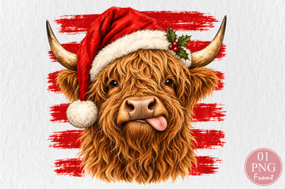 Christmas Highland Cow Santa Hat PNG Sublimation Design