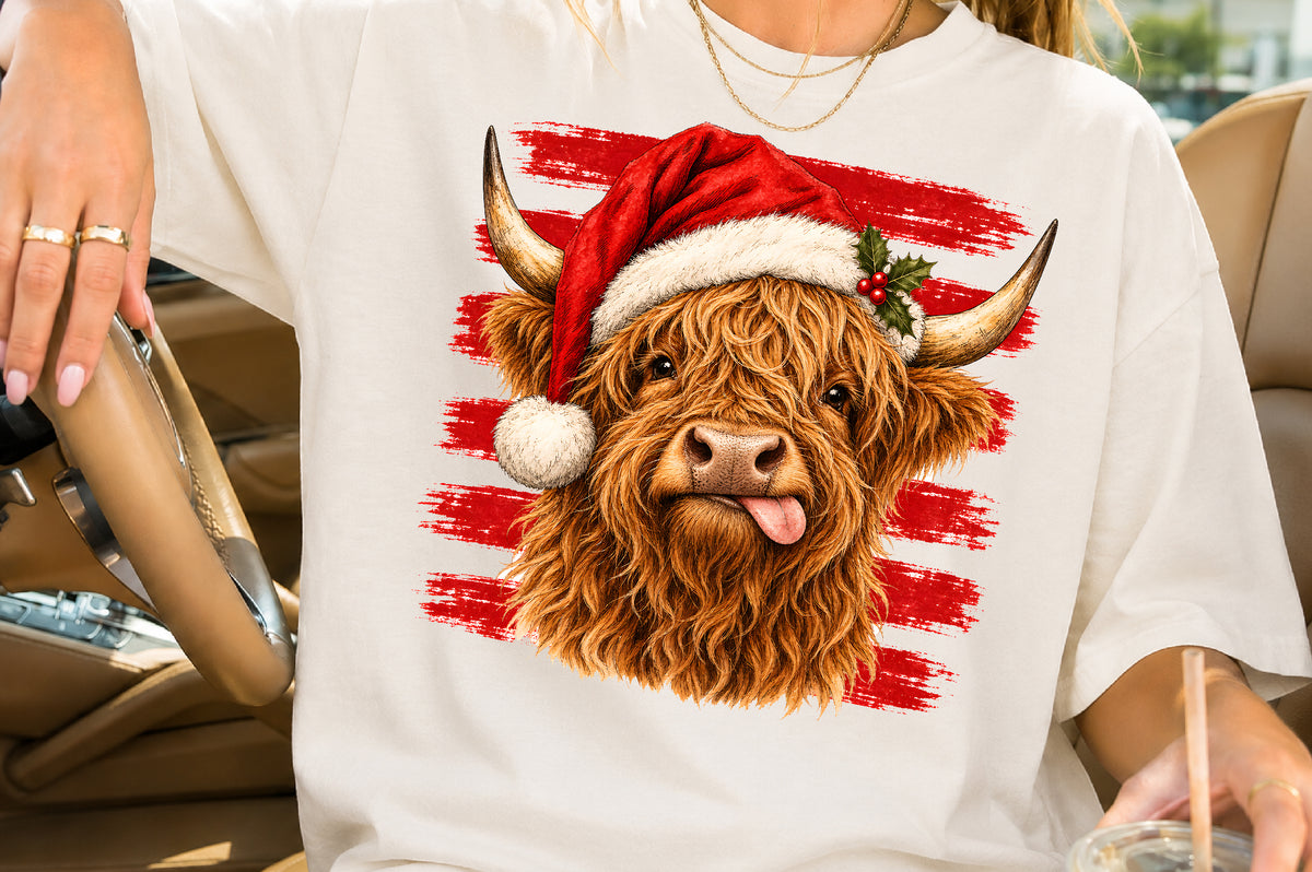 Christmas Highland Cow Santa Hat PNG Sublimation Design