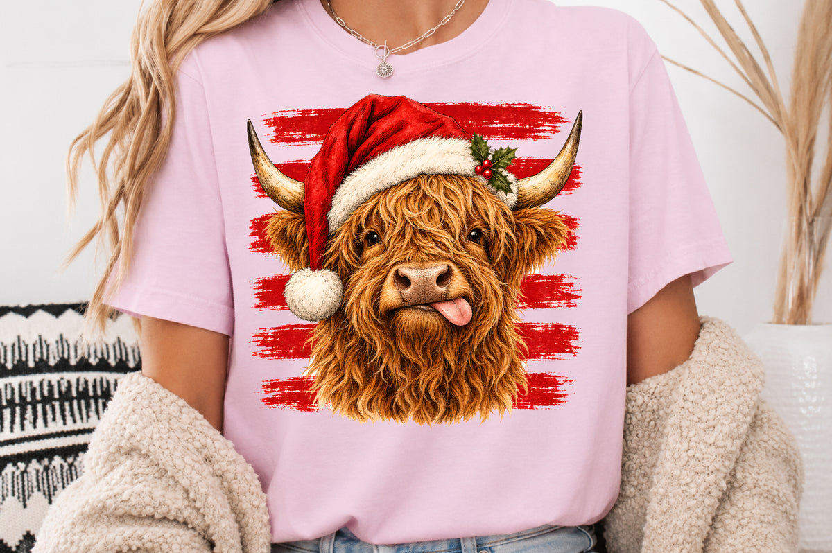 Christmas Highland Cow Santa Hat PNG Sublimation Design