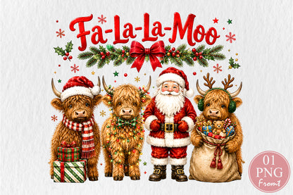 Fa La La Moo Christmas Highland Cow Santa PNG Sublimation Design
